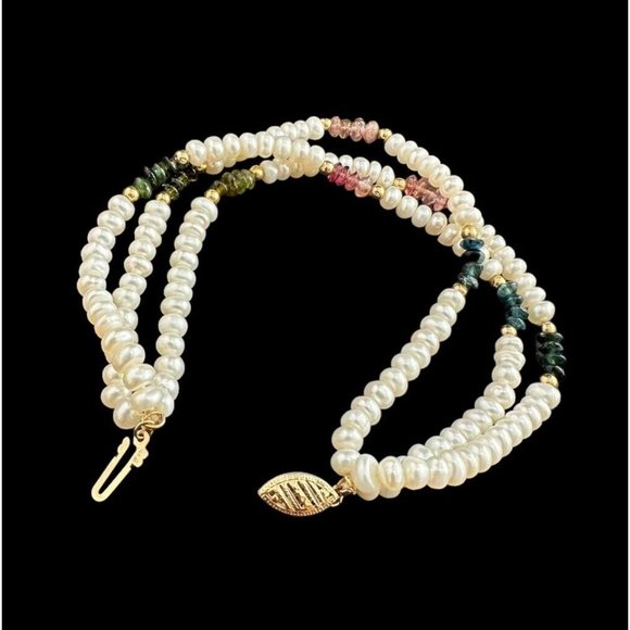 14k Three Strand Freshwater Pearl Multi gemstone Beaded Bracelet 7.5 Inches - Picture 6 of 8
